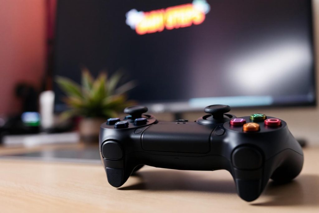 Manette noire de console posée près d'un écran