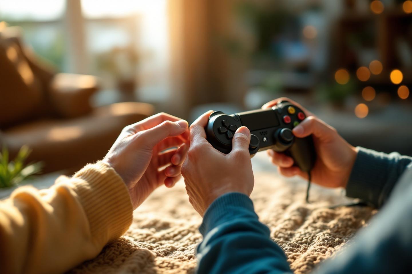 Deux personnes jouant ensemble avec une manette