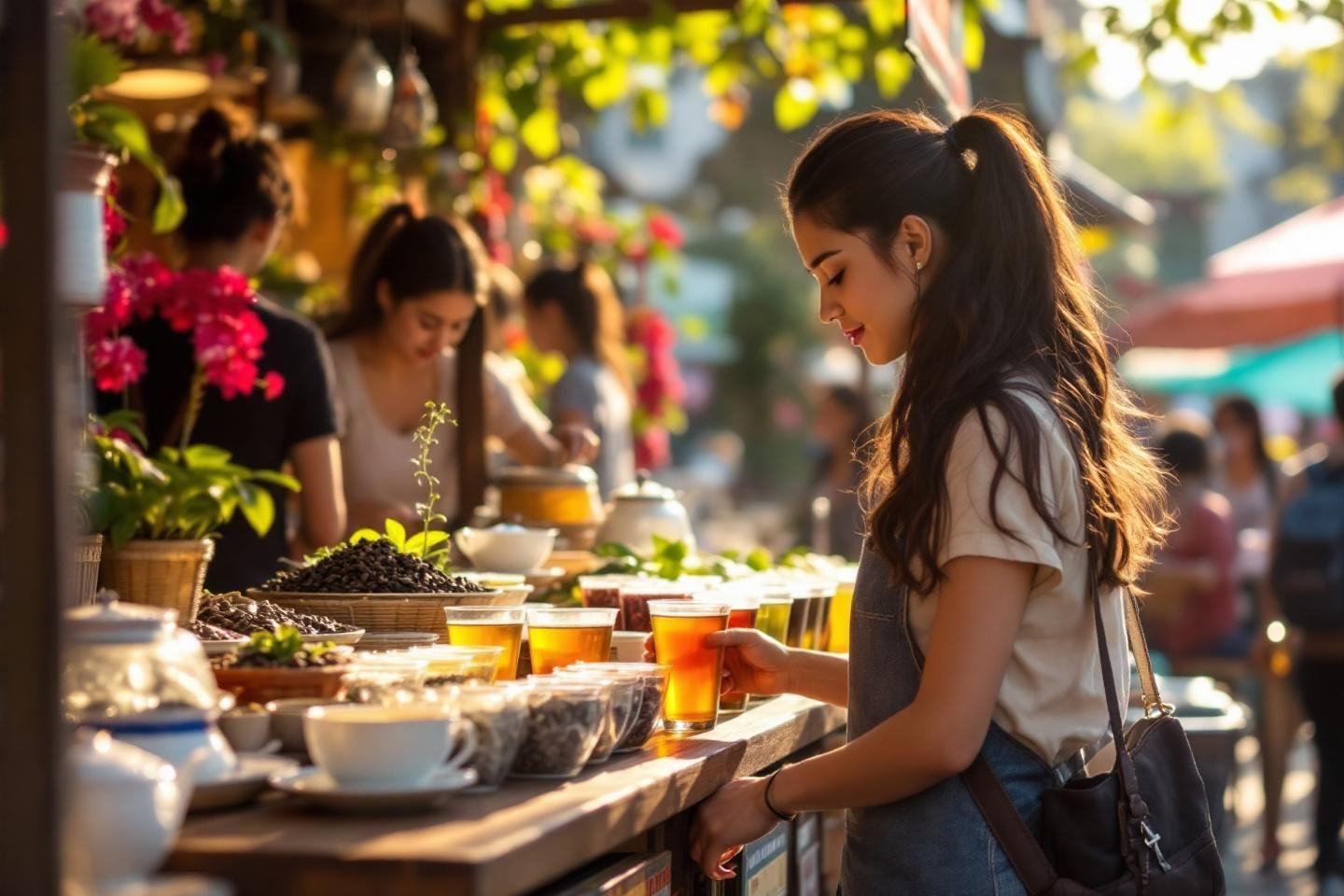 Jeune femme servant du thé dans un marché pittoresque