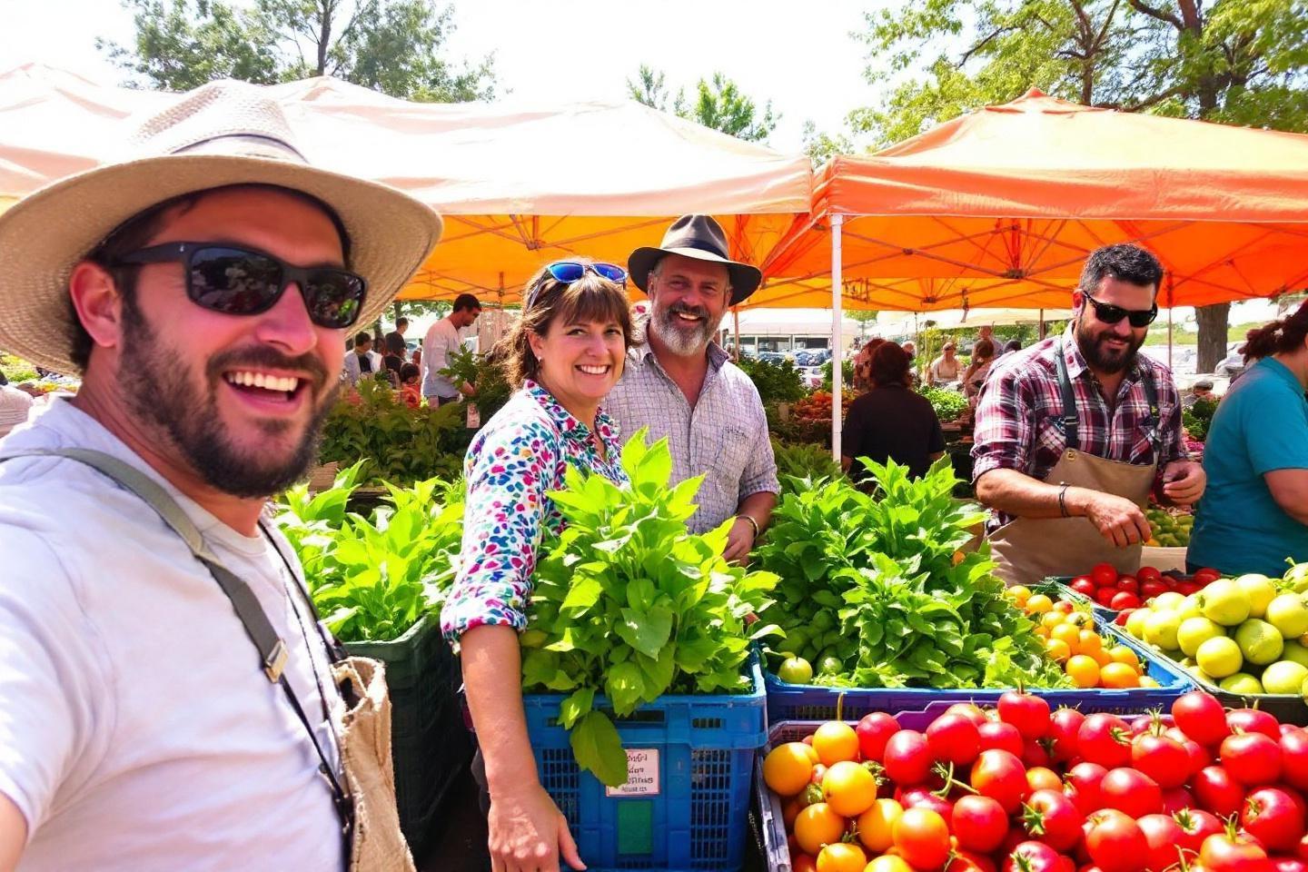 Gens souriants vendant des tomates et légumes verts sous des parasols