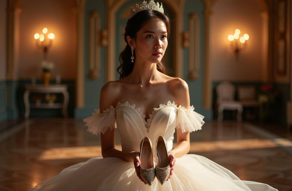 Femme en robe de mari&eacute;e blanche tenant des chaussures scintillantes