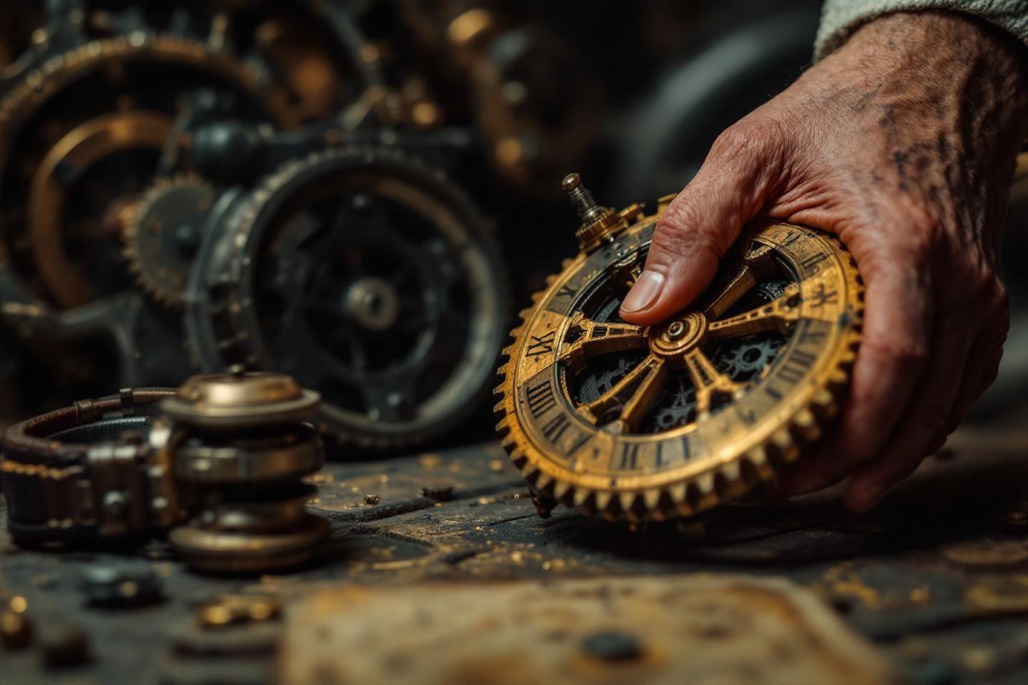 Main r&eacute;parant un engrenage dor&eacute; d'horloge vintage