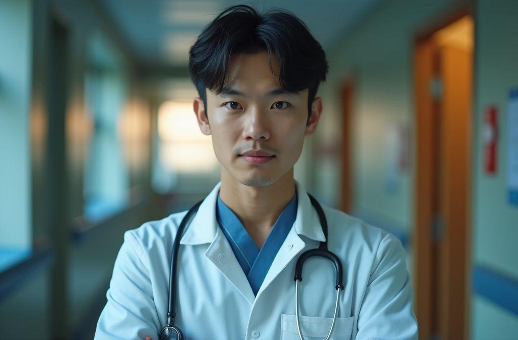 Jeune m&eacute;decin en blouse blanche avec st&eacute;thoscope, regard s&eacute;rieux