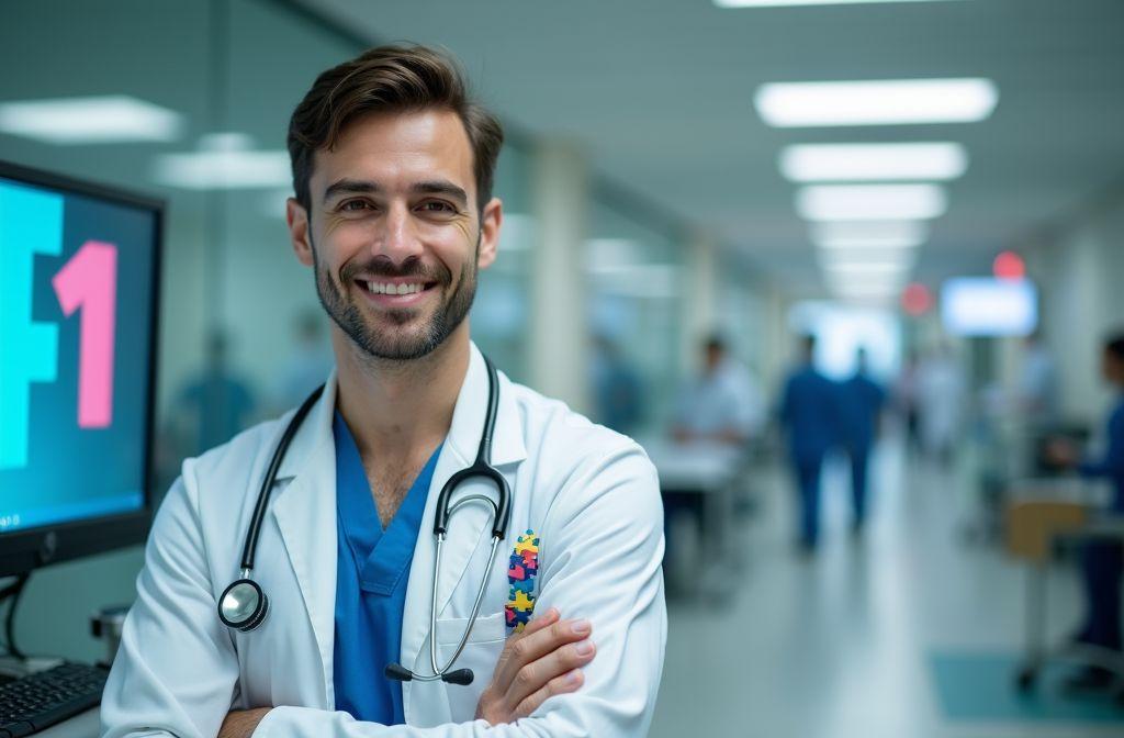 Professionnel de santé en blouse blanche avec un ruban d'autisme