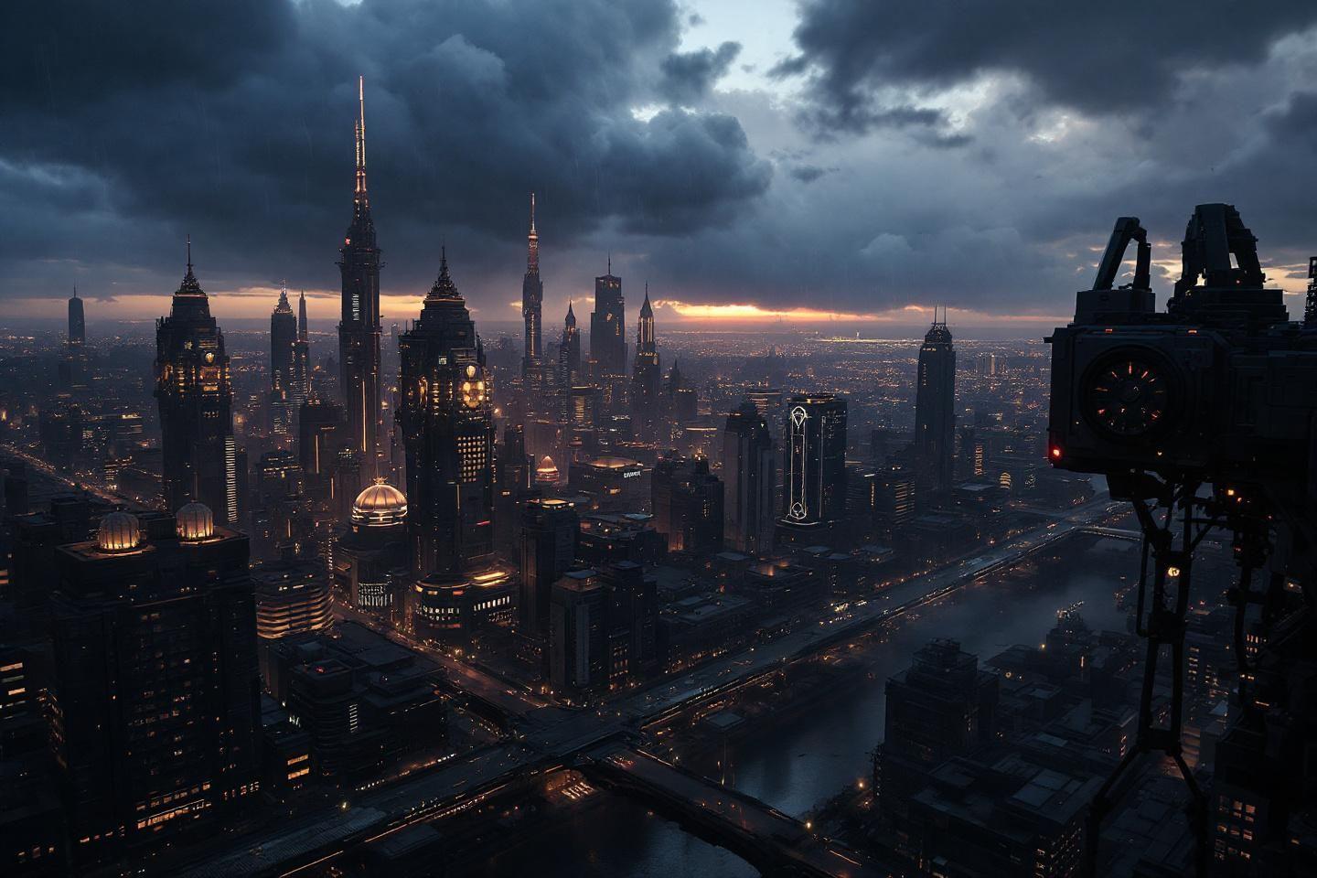 Horizon urbain dystopique avec gratte-ciels illumin&eacute;s et ciel mena&ccedil;ant