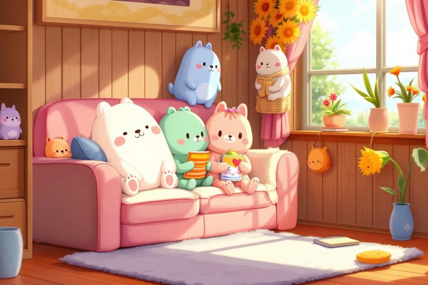 Personnages kawaii confortablement installés dans un salon chaleureux
