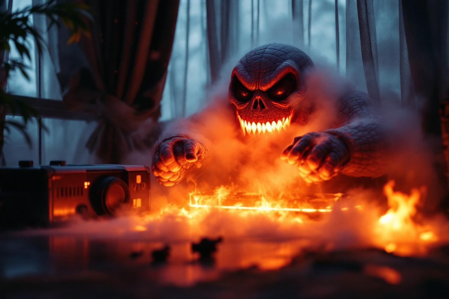 Cr&eacute;ature enflamm&eacute;e mena&ccedil;ante avec des dents pointues