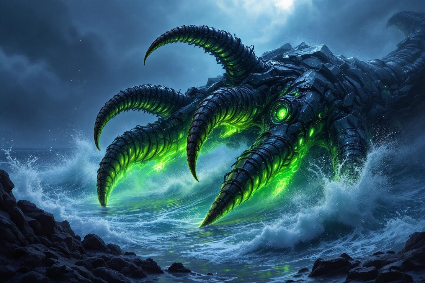 Cr&eacute;ature robotique verte avec des griffes &eacute;mergeant des vagues