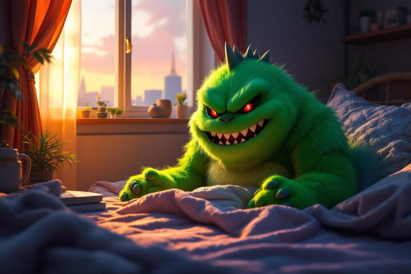 Cr&eacute;ature poilue verte aux yeux rouges sur un lit lumineux
