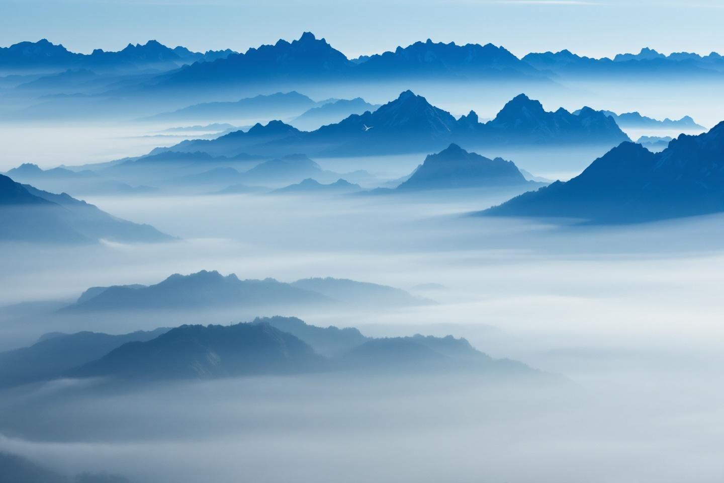 Sommets montagneux &eacute;mergent de mer de nuages bleue