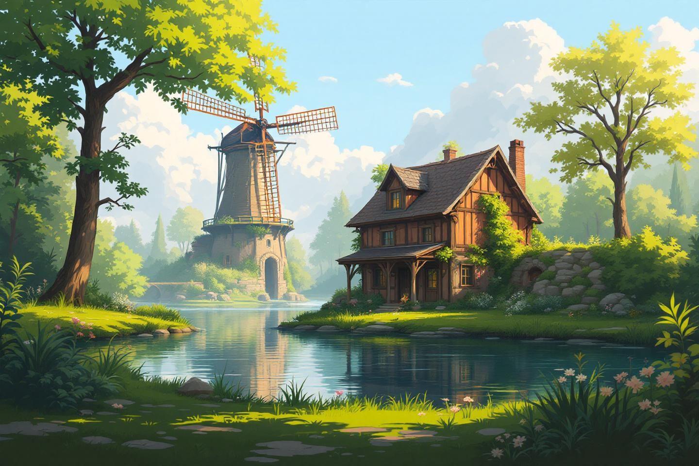 Paysage idyllique avec moulin &agrave; vent et maison pr&egrave;s d'une rivi&egrave;re