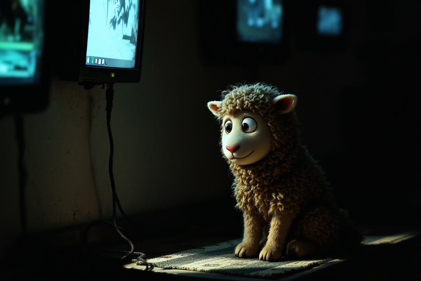 Petit mouton en peluche assis pr&egrave;s d'un &eacute;cran allum&eacute;