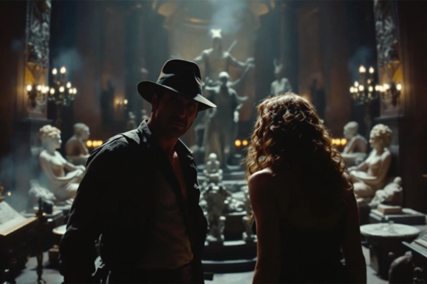 Deux silhouettes de dos dans une salle mus&eacute;ale aux chandelles