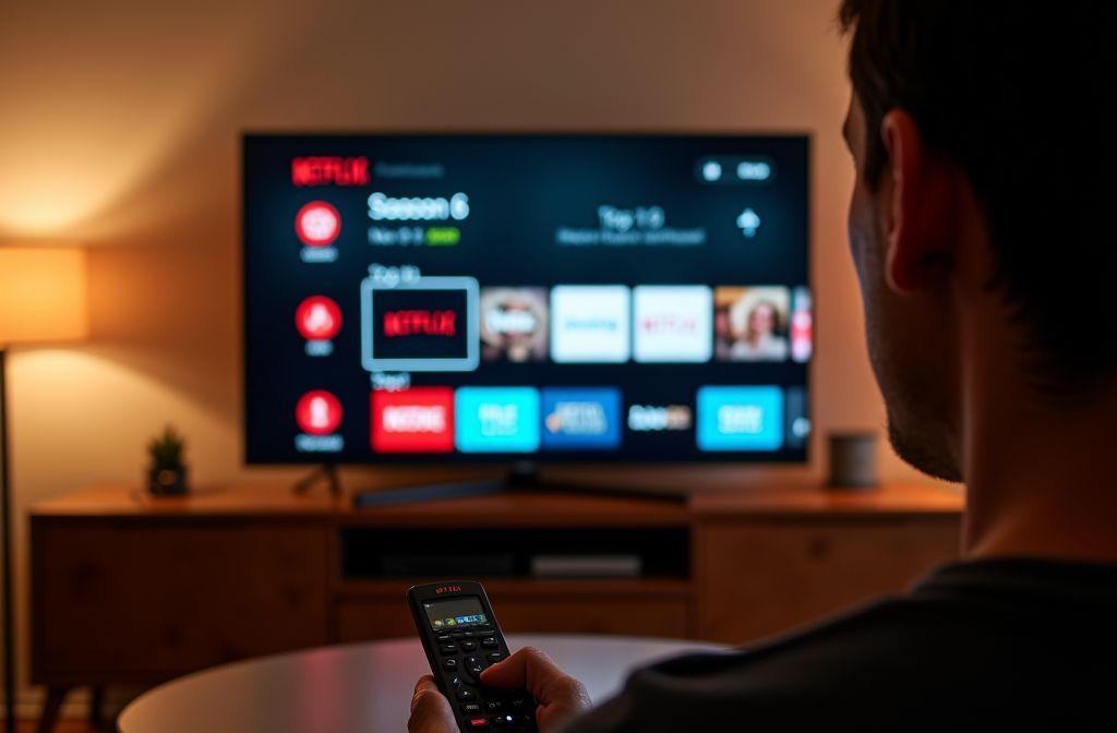 Dos d'une personne regardant l'&eacute;cran de t&eacute;l&eacute;vision Netflix
