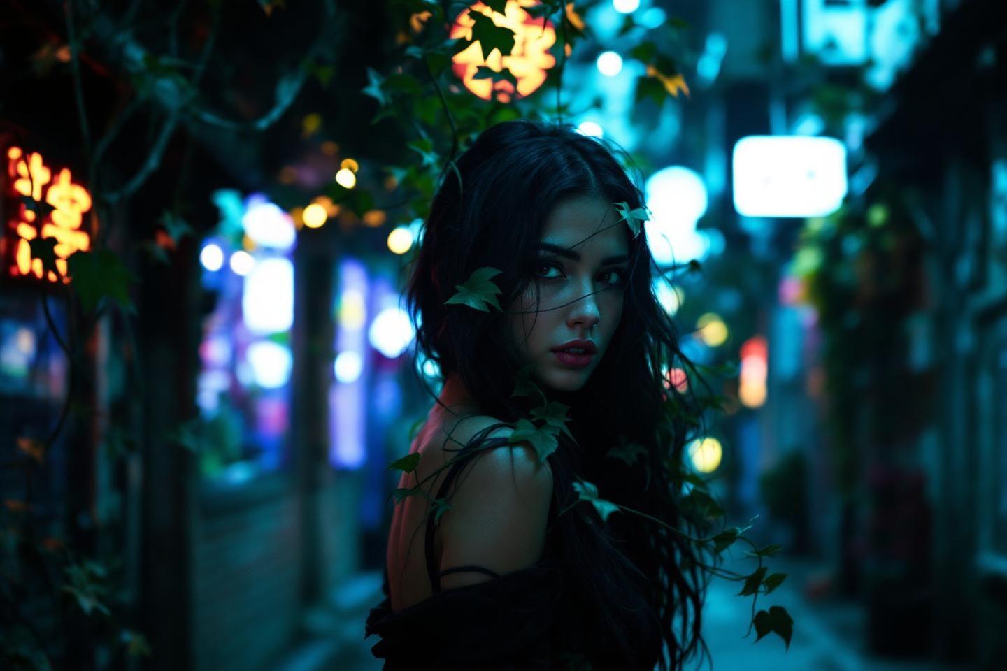 Silhouette féminine dans une rue sombre avec des lumières colorées