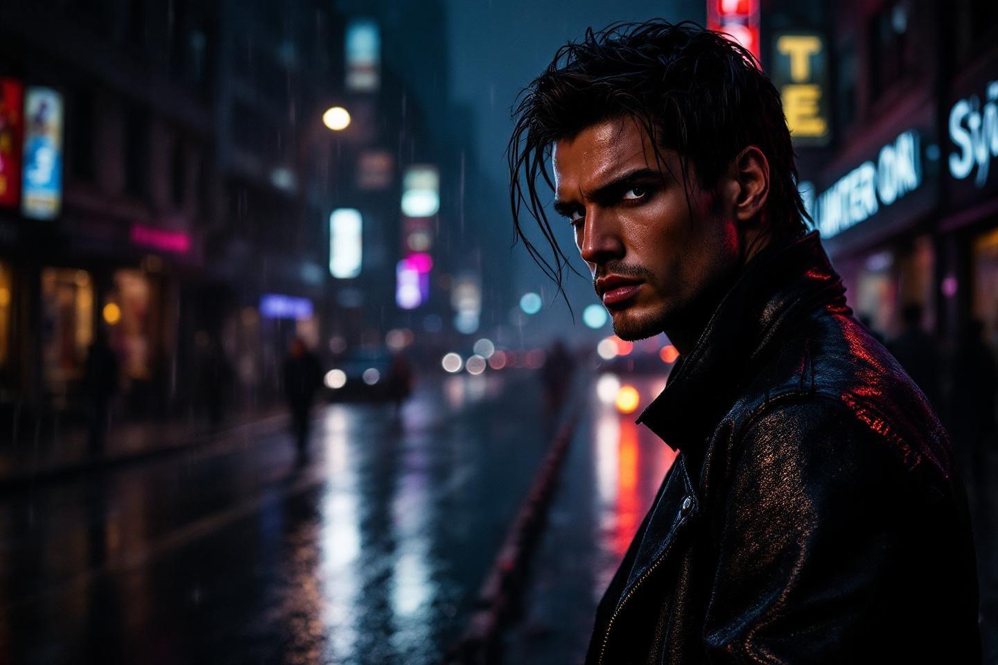 Homme en veste de cuir dans une rue sombre éclairée par néons