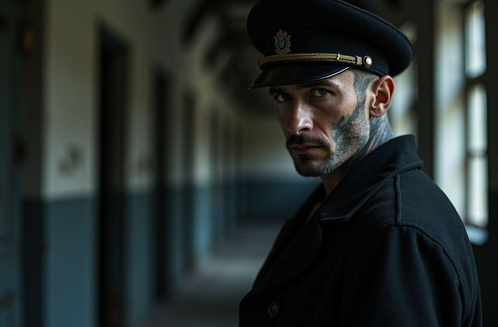 Homme en uniforme militaire dans un couloir sombre