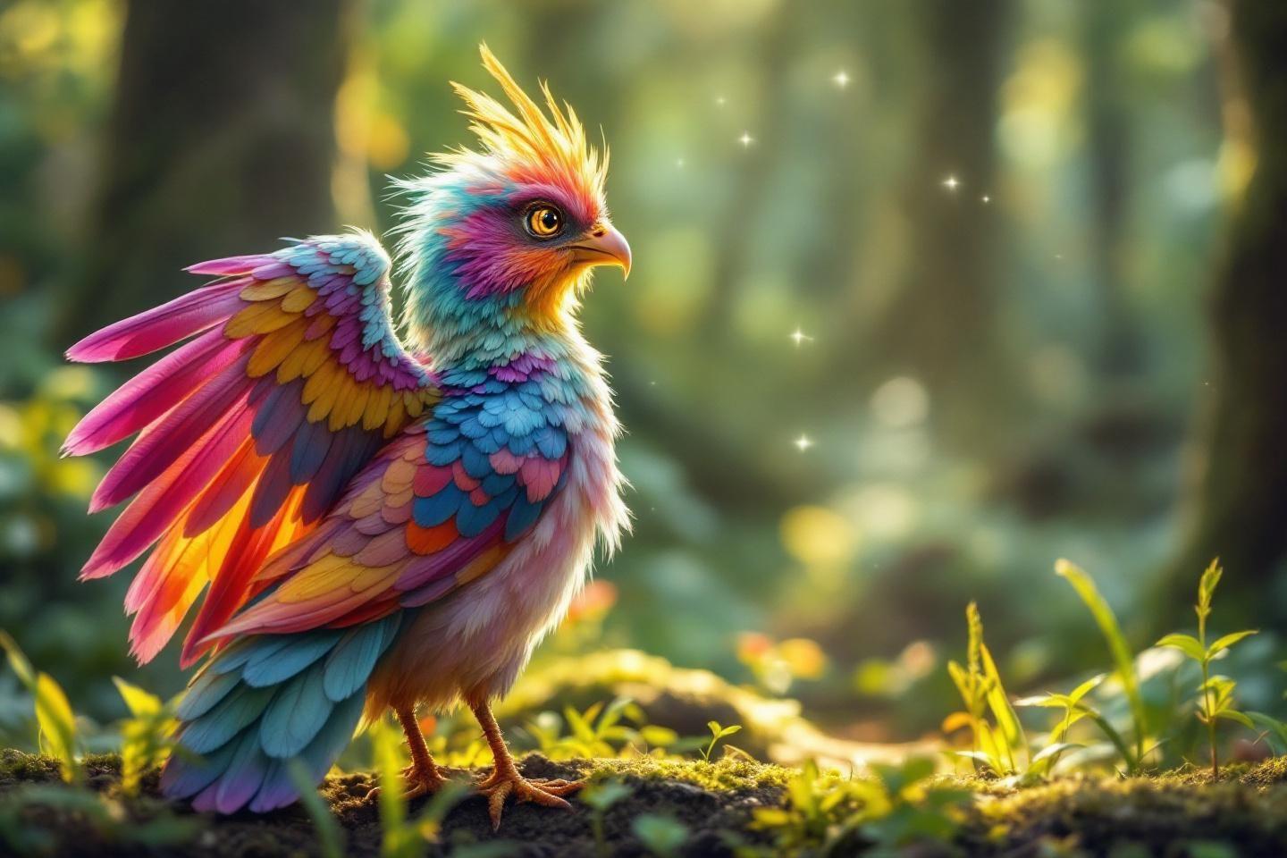 Oiseau coloré et magique dans une forêt lumineuse et scintillante