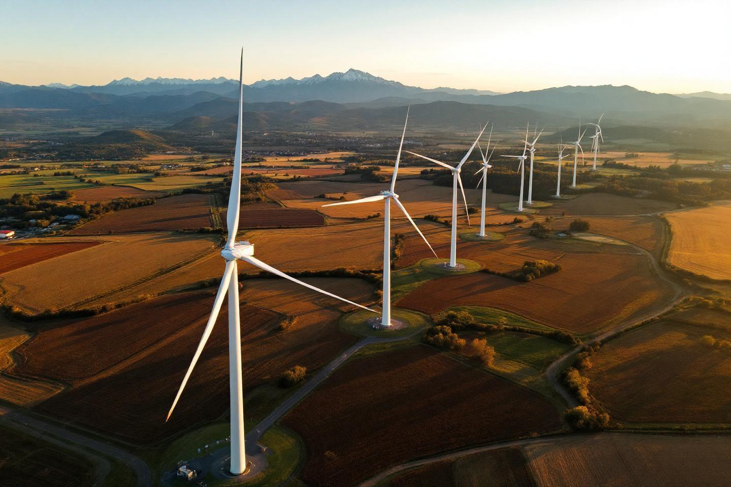 Rangée d'éoliennes blanches sur des champs bruns avec montagnes