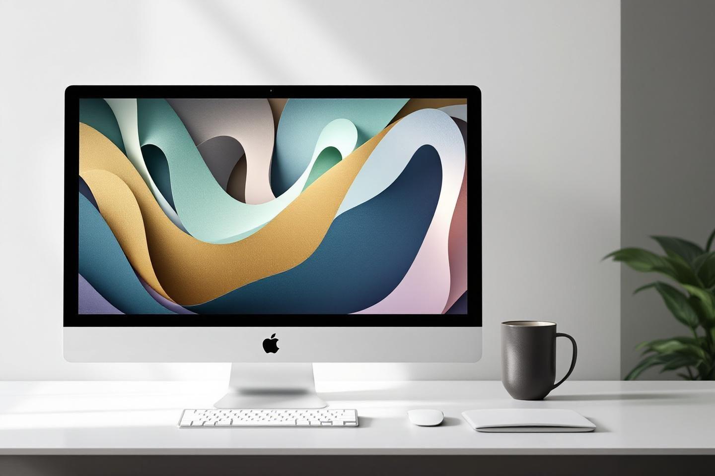 &Eacute;cran iMac avec fond ondul&eacute; et bureau minimaliste