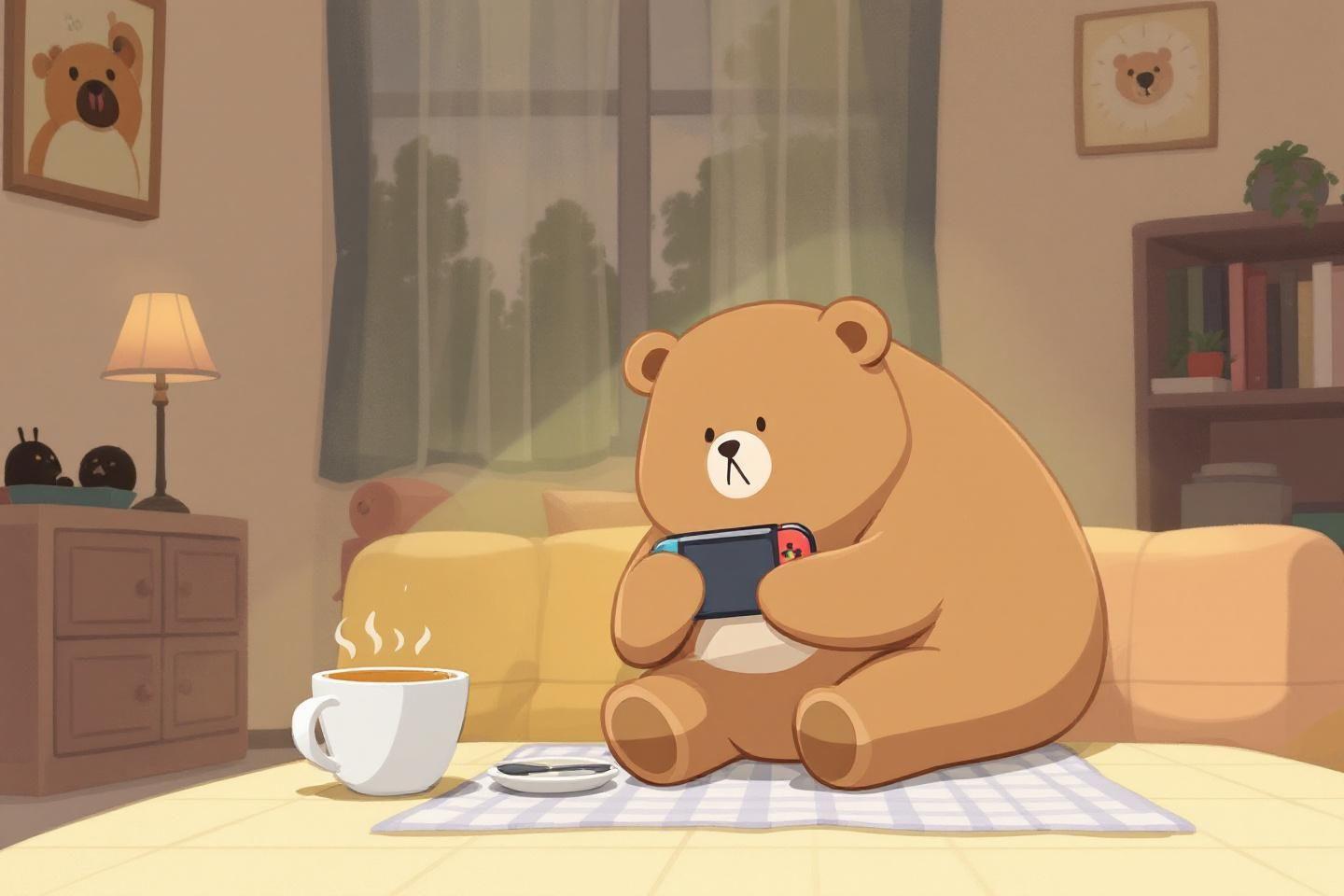 Gros ours mignon jouant à la console près d'une tasse de café