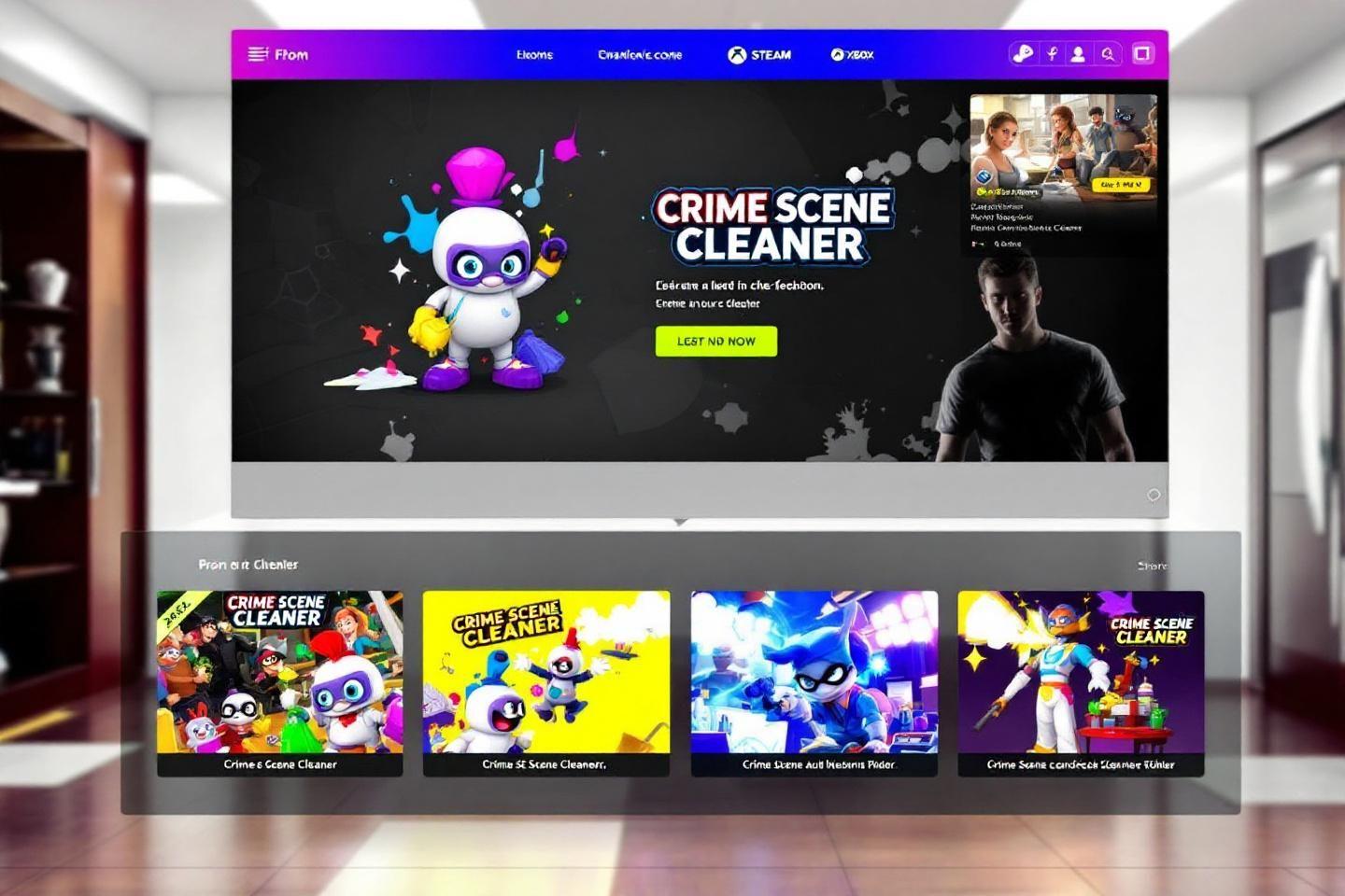 Interface numérique présentant un jeu de nettoyage de scène de crime