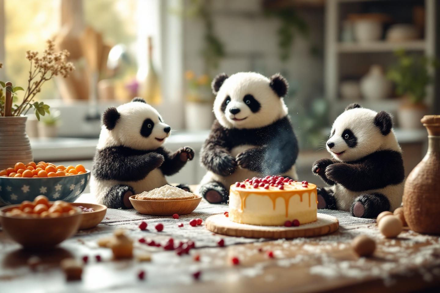 Trois adorables pandas cuisinant ensemble dans une cuisine lumineuse