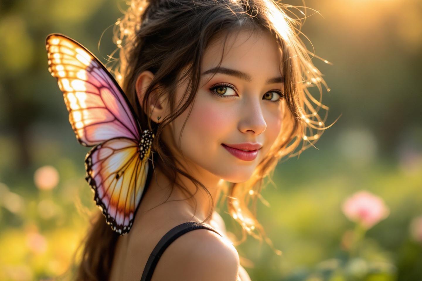 Jeune femme avec papillon sur l'&eacute;paule dans un jardin ensoleill&eacute;