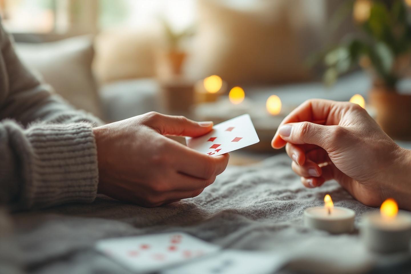 Mains jouant aux cartes pr&egrave;s de bougies douces