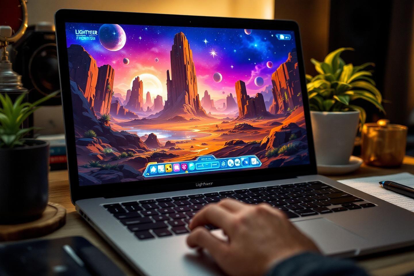 Ordinateur portable affichant un paysage spatial coloré et rocheux