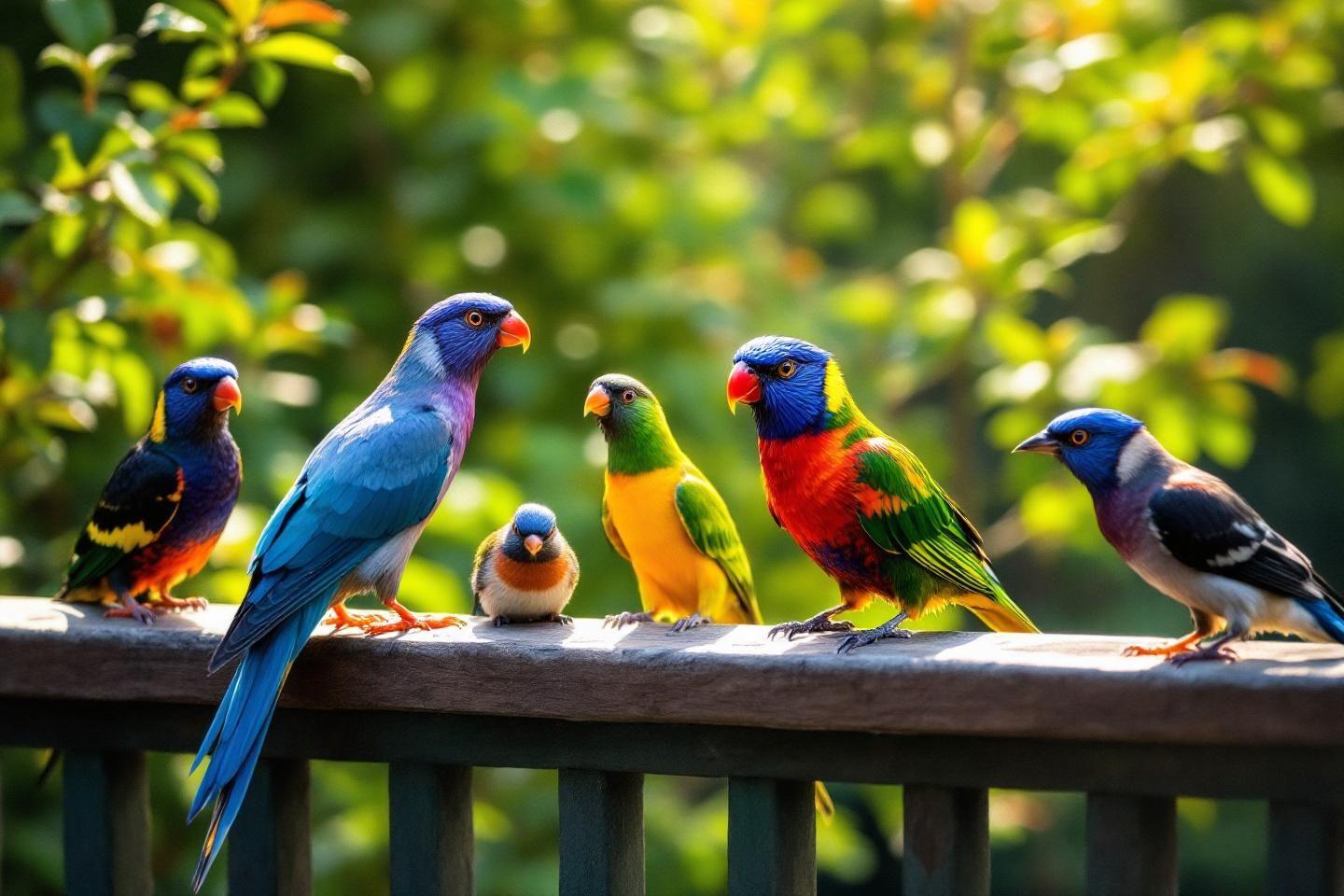 Groupe de perroquets multicolores perch&eacute;s sur une barri&egrave;re en bois