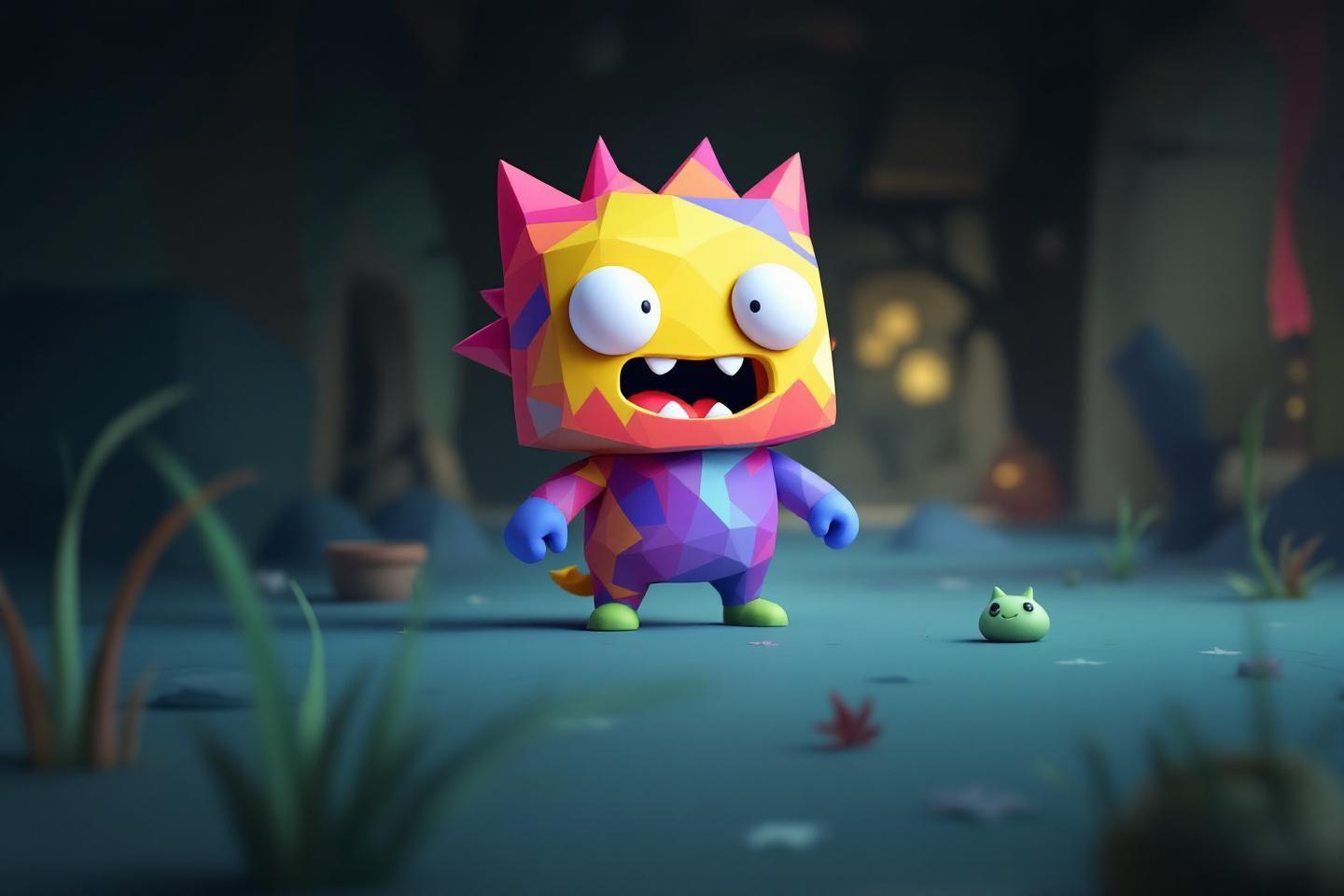 Personnage 3D ludique aux couleurs vives sur fond bleu-vert