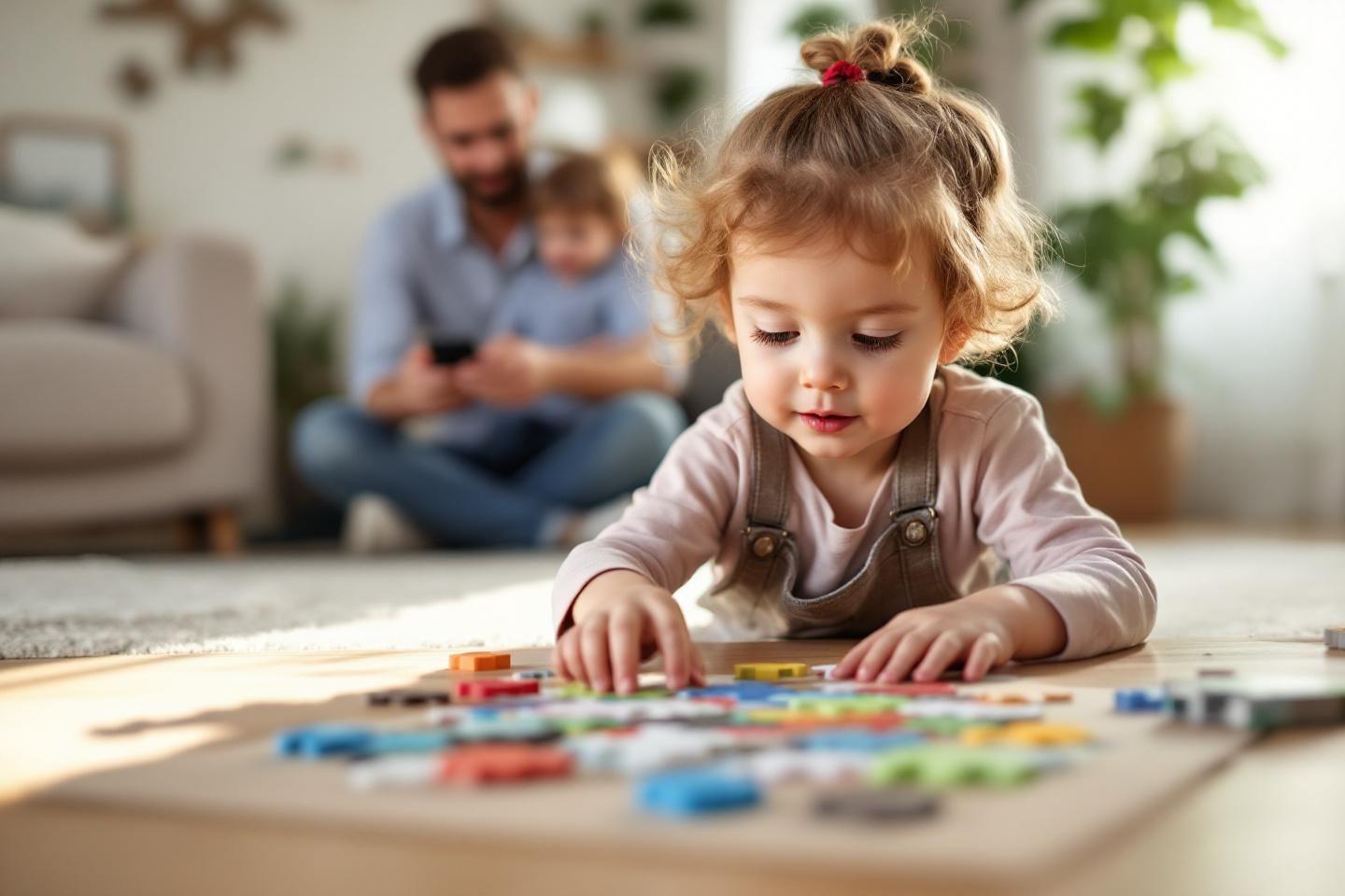 Enfant concentr&eacute;e sur un jeu de puzzle color&eacute; &agrave; la maison