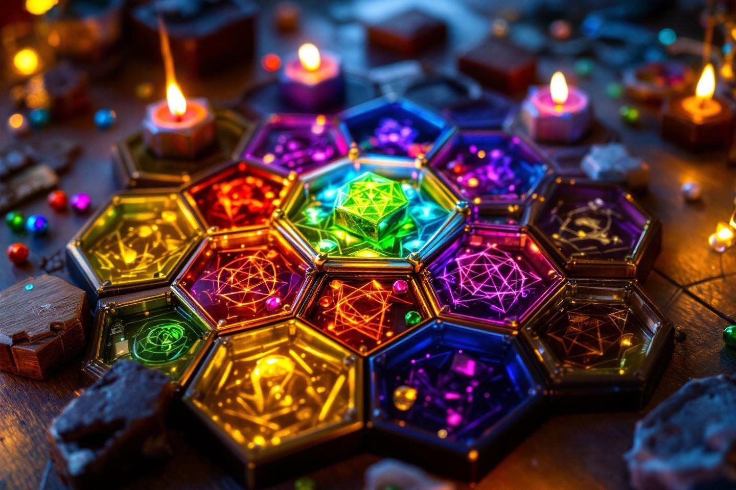 Pierres hexagonales lumineuses color&eacute;es dispos&eacute;es avec des bougies