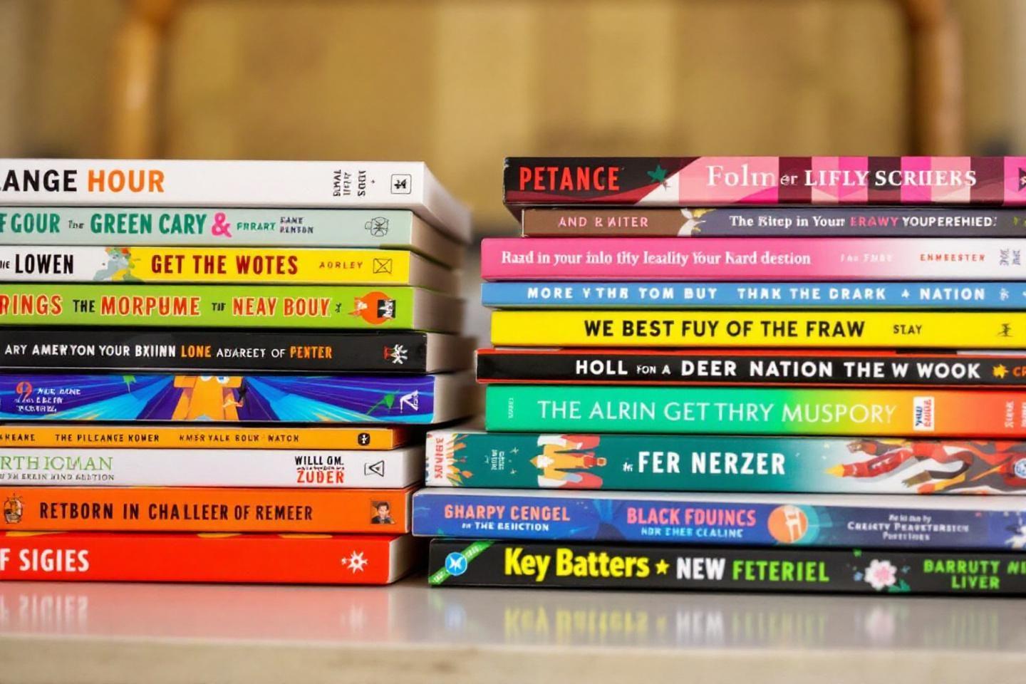Plusieurs livres aux couvertures multicolores dispos&eacute;s en deux colonnes