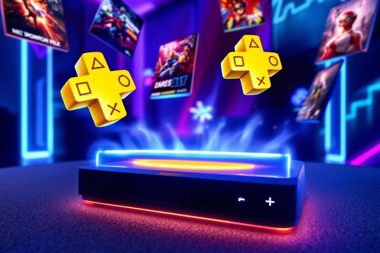 Logos PlayStation Plus dorés avec jeux sur fond bleu violet