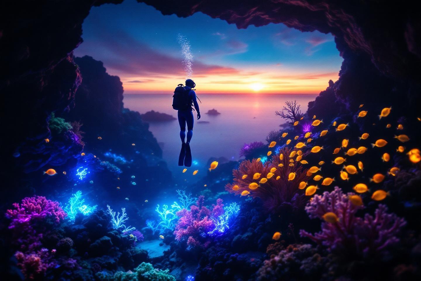 Plongeur dans une grotte sous-marine colorée, vue sur l'horizon