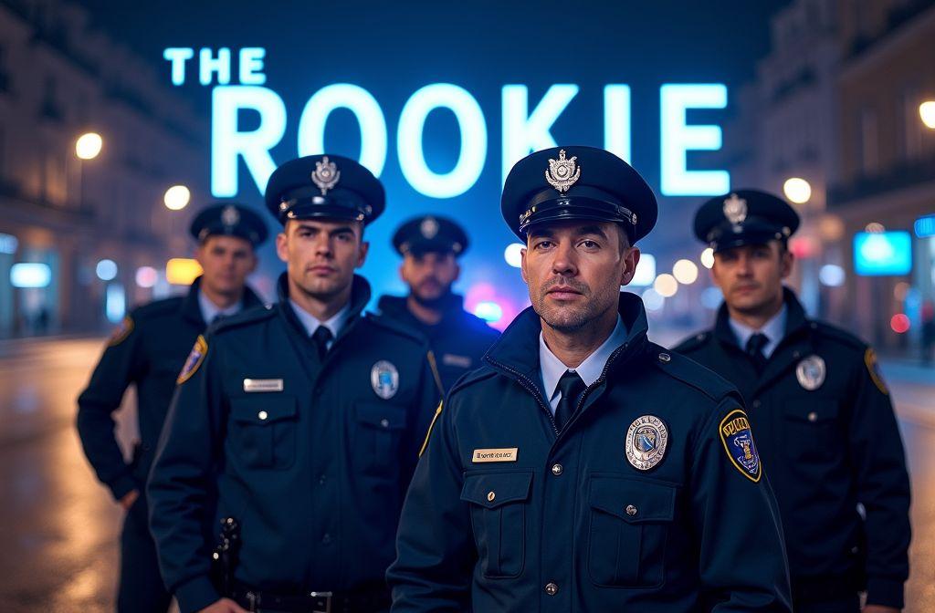 Cinq officiers de police en uniforme bleu debout la nuit