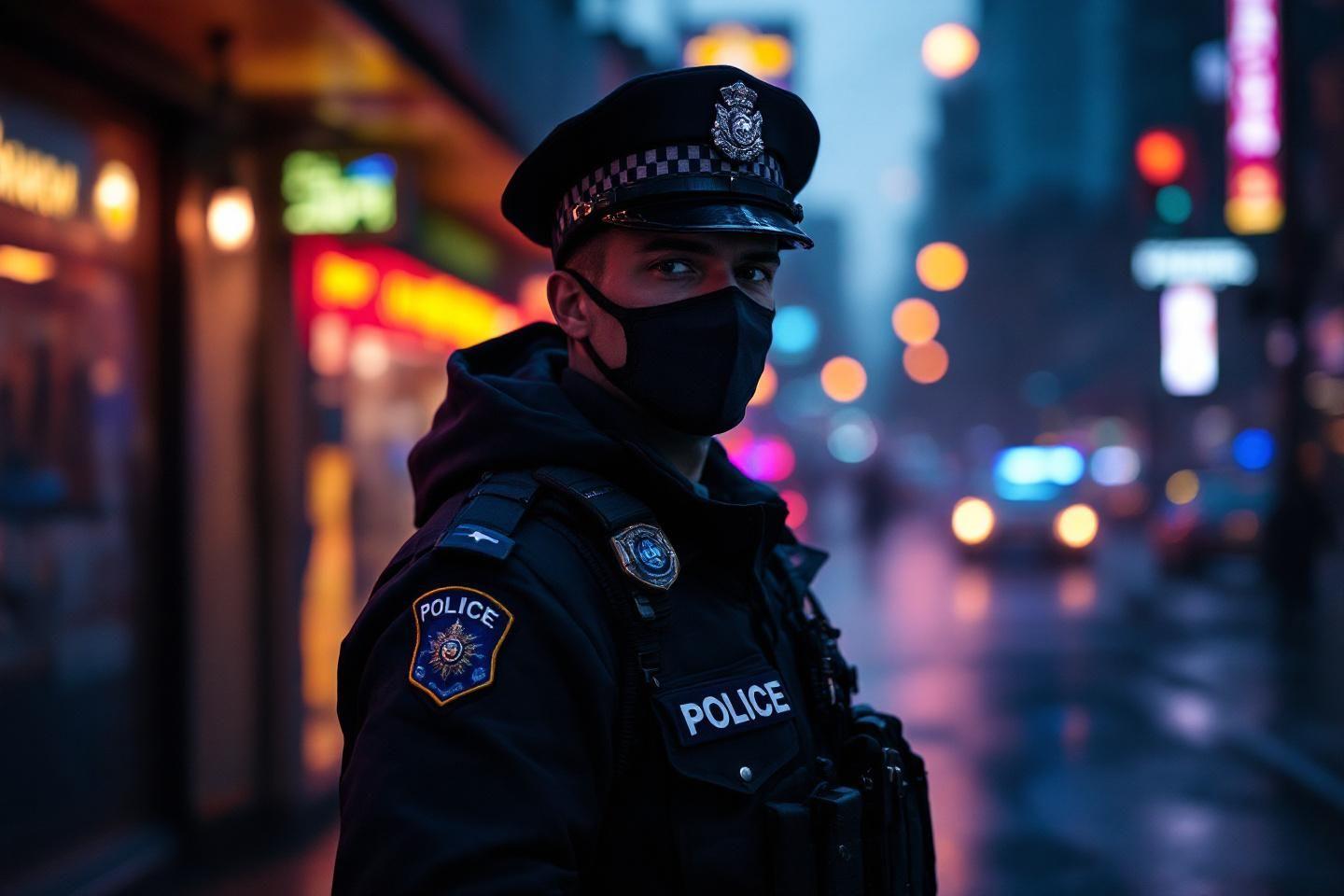 Agent de police en uniforme noir dans une rue urbaine nocturne