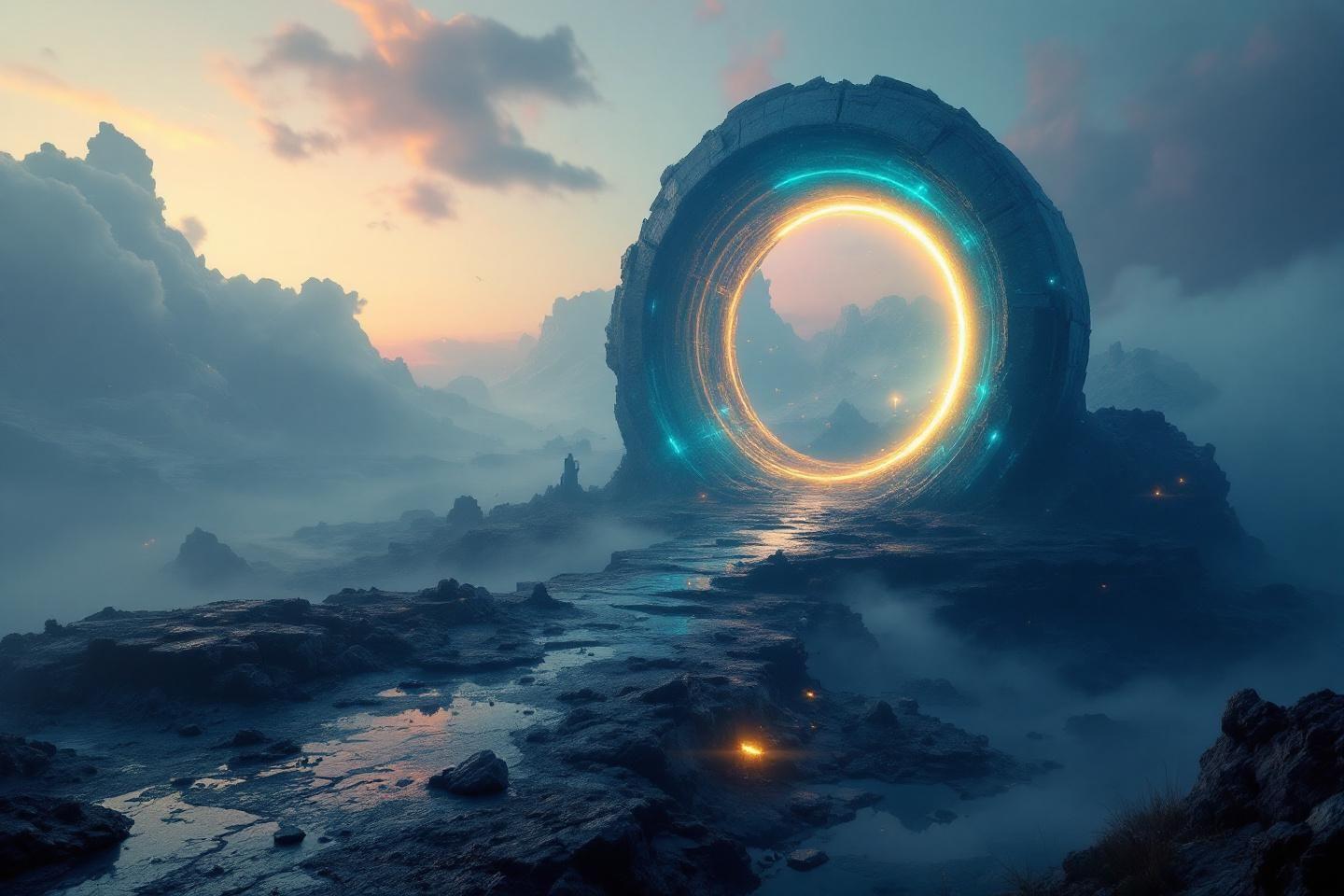 Anneau lumineux myst&eacute;rieux dans un environnement rocheux et montagneux