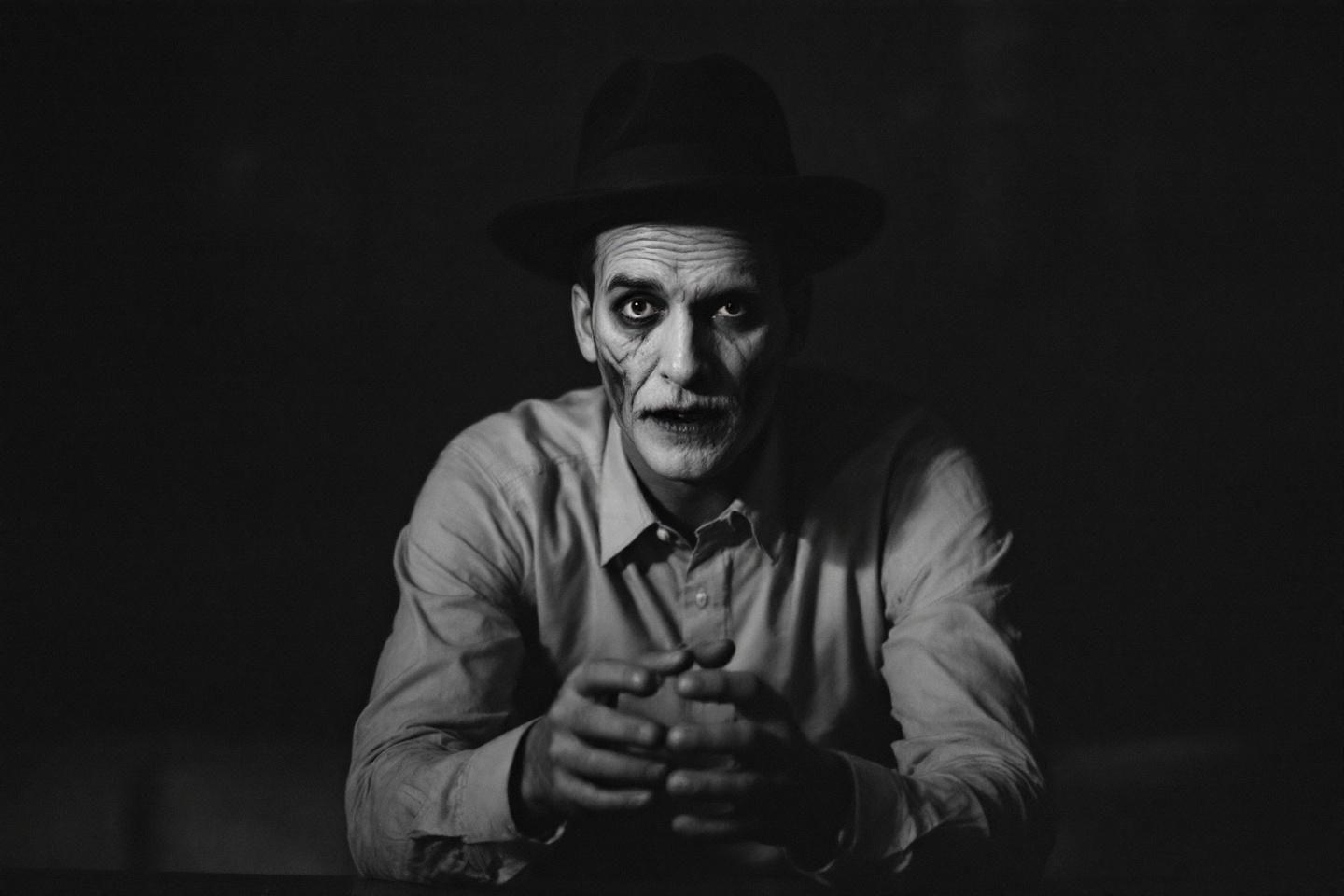 Homme au visage marqu&eacute; dans un &eacute;clairage sombre et intense