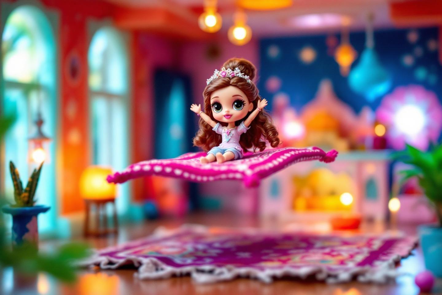 Petite poup&eacute;e avec couronne assise sur un tapis rose magique