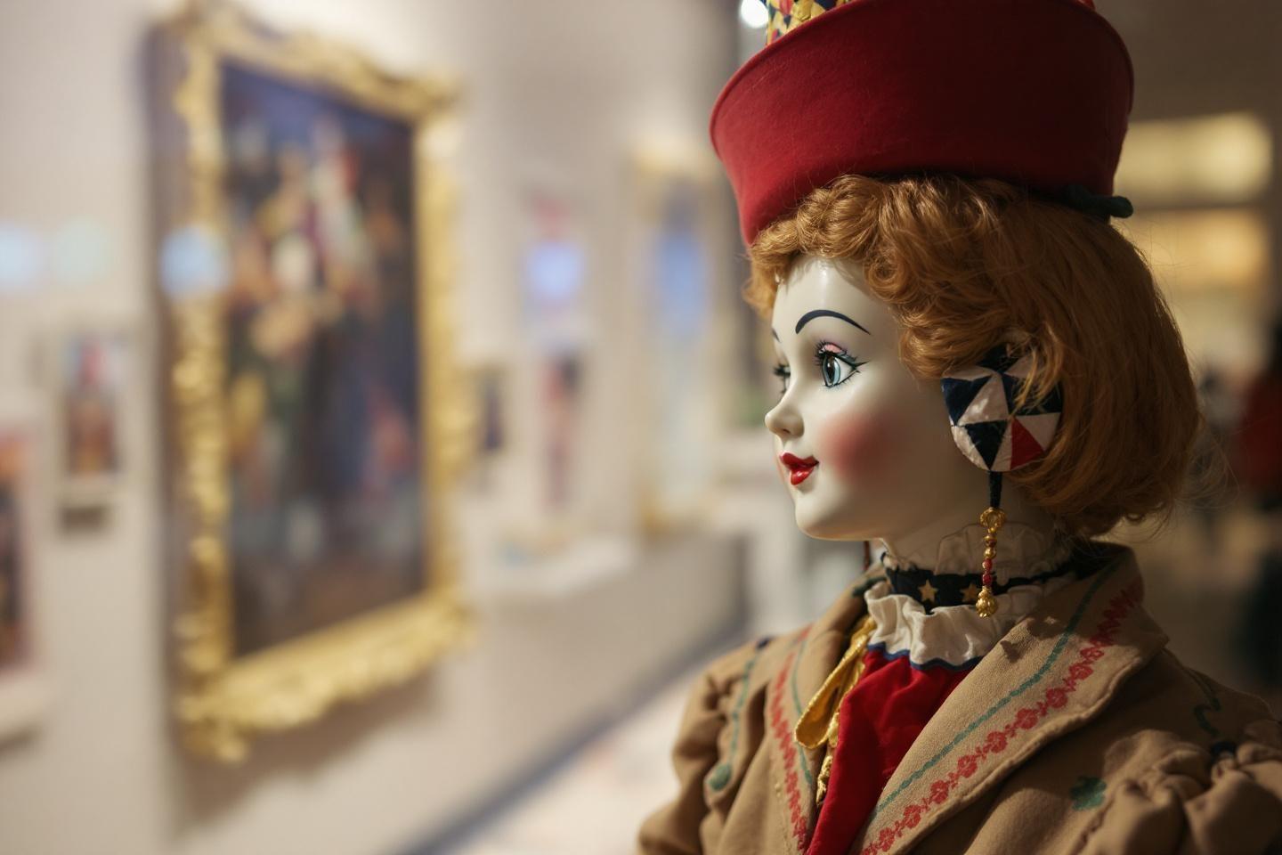 Poup&eacute;e ancienne au chapeau rouge, dans une galerie d'art