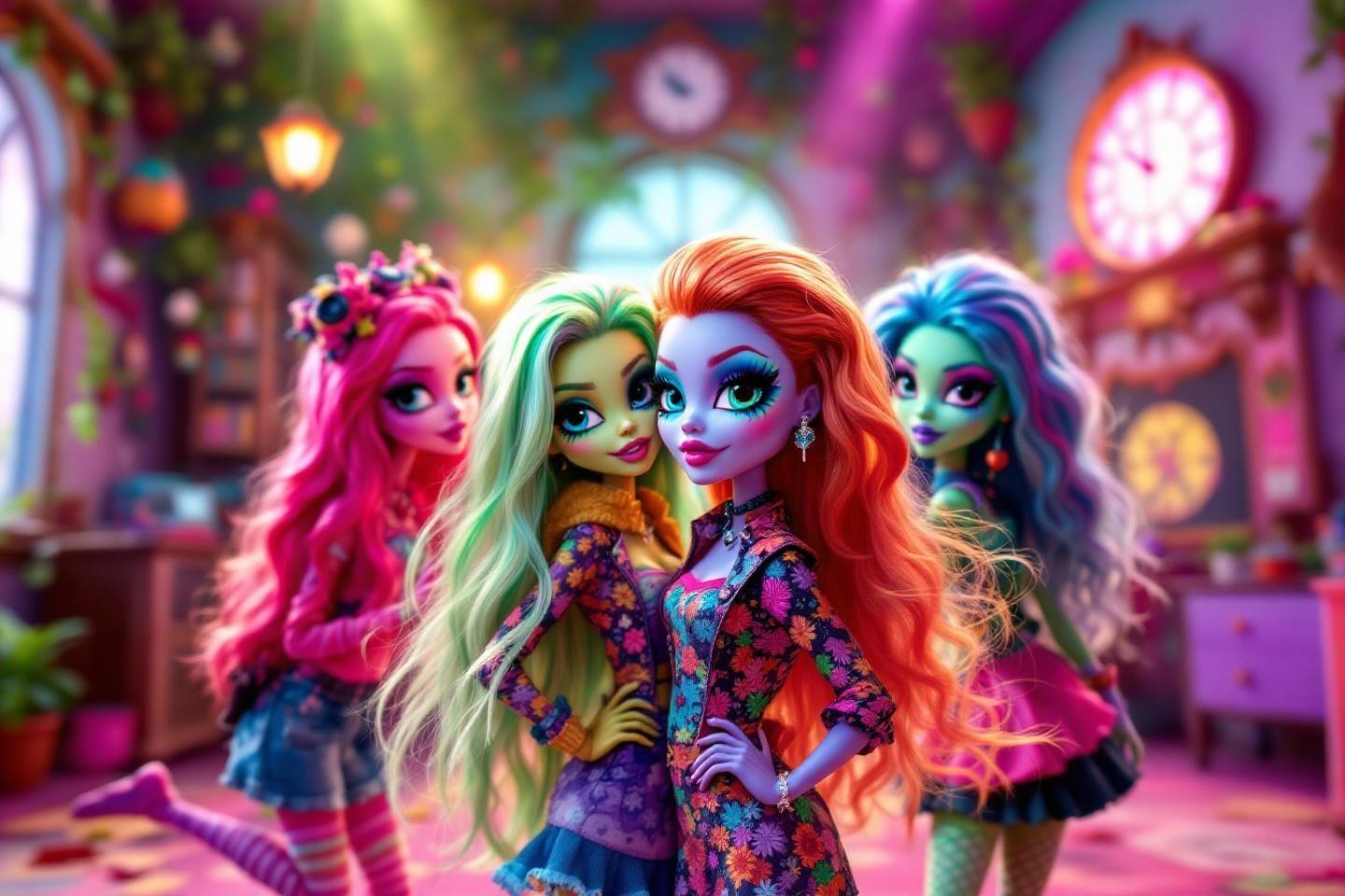 Quatre poupées colorées dans un décor magique et lumineux
