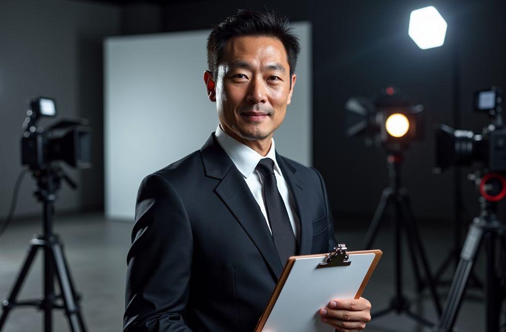 Homme en costume tenant un presse-papiers devant des cam&eacute;ras