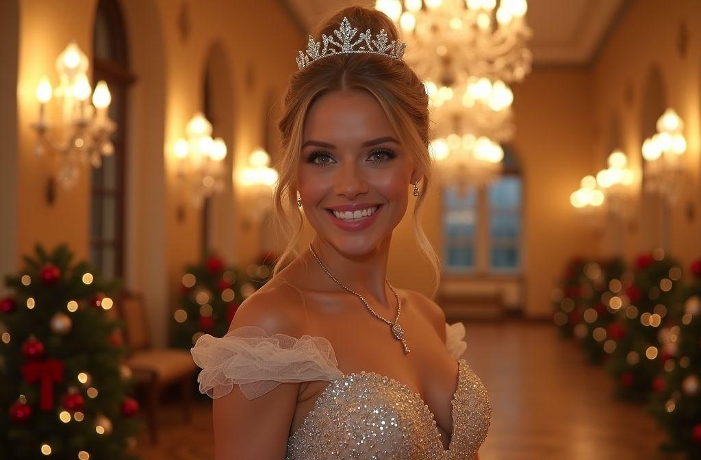 Femme souriante en robe brillante et diadème élégant