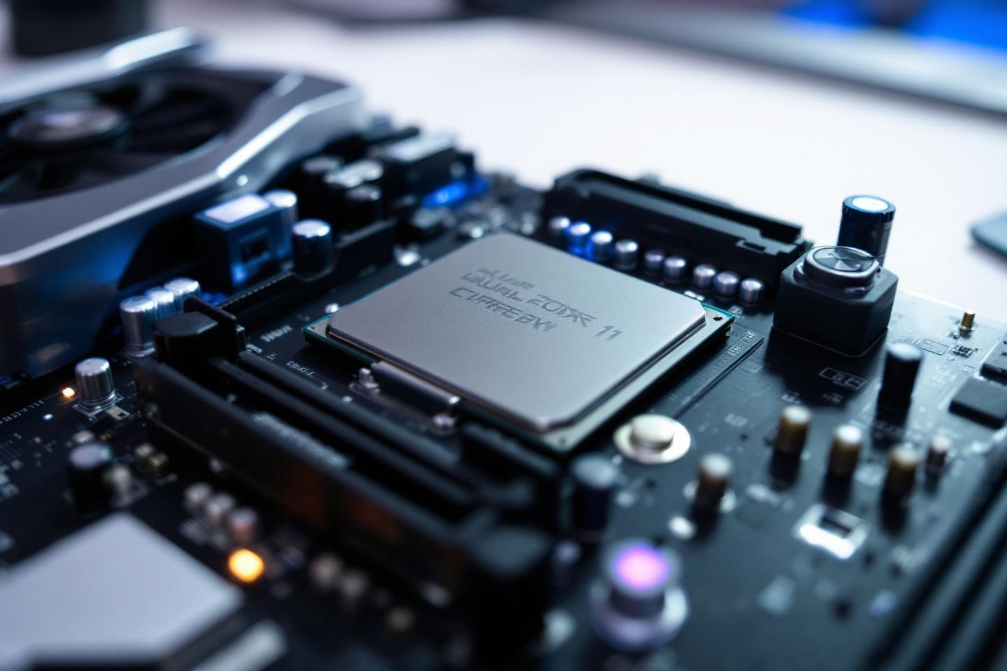 Gros plan sur un processeur int&eacute;gr&eacute; &agrave; une carte m&egrave;re