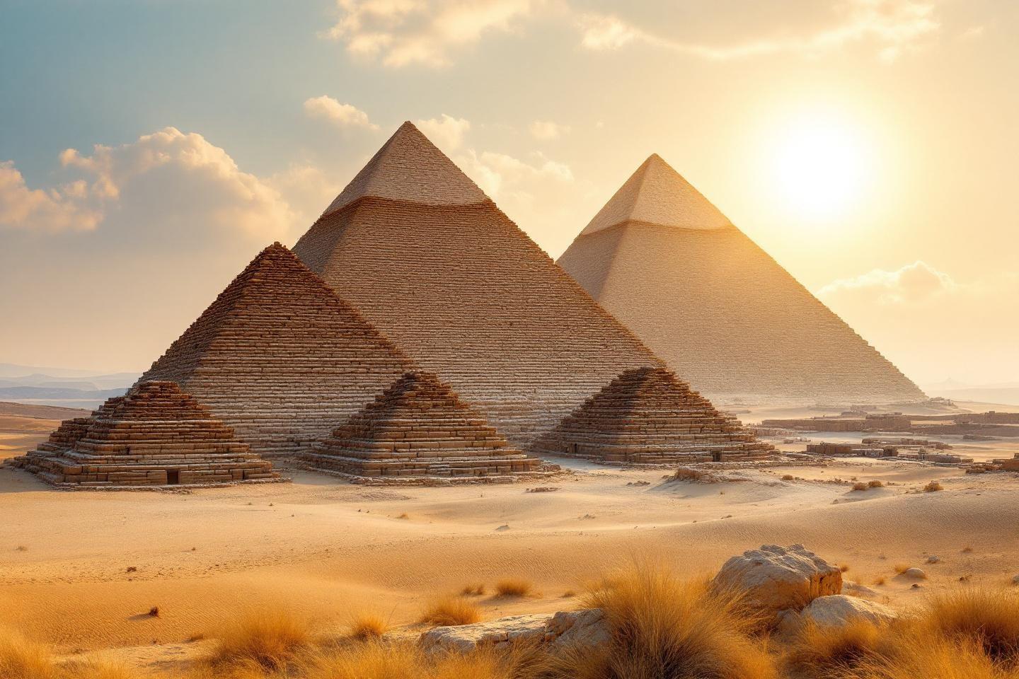 Anciennes pyramides &eacute;gyptiennes dans un d&eacute;sert dor&eacute;