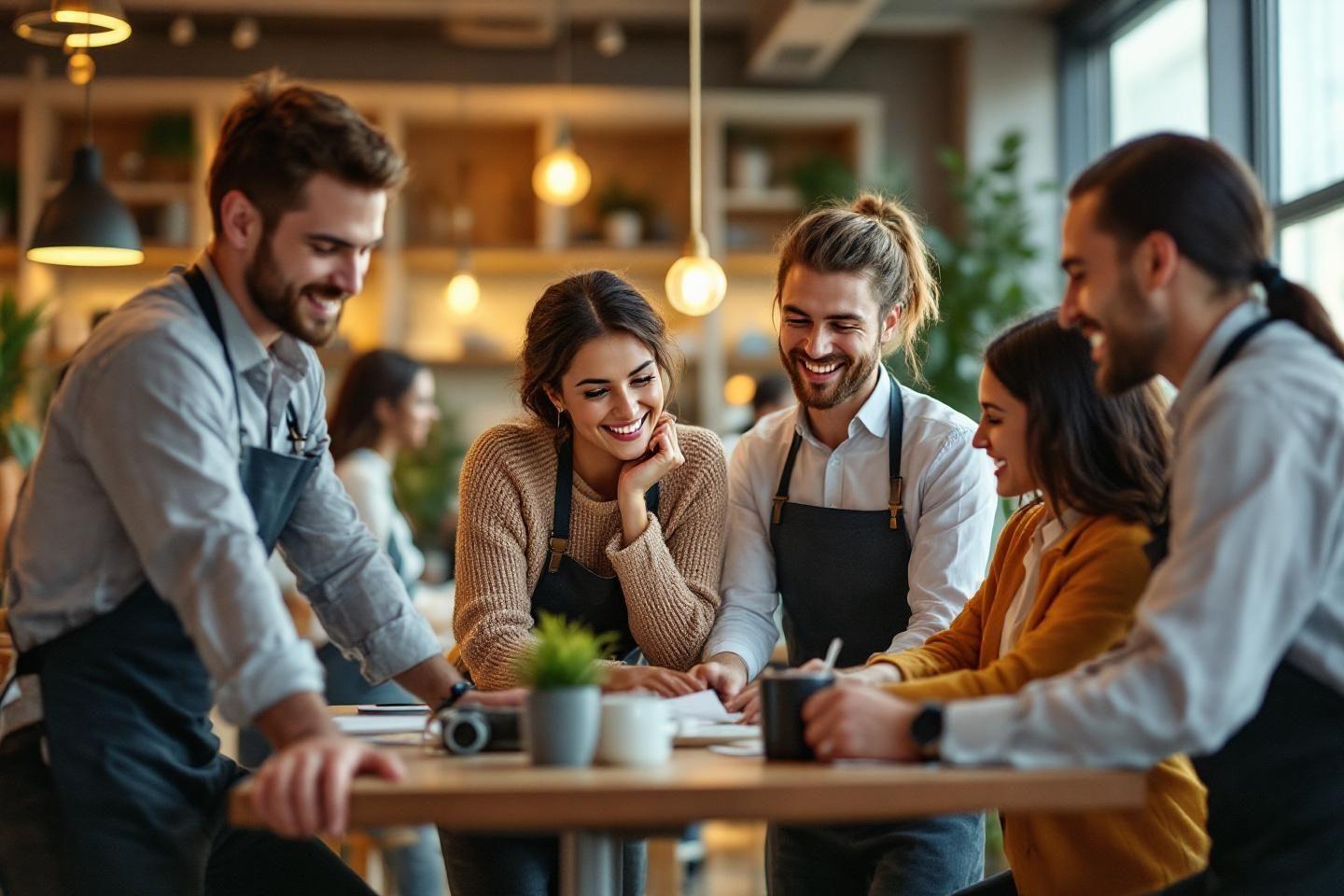 Groupe souriant de coll&egrave;gues autour d'une table de r&eacute;union