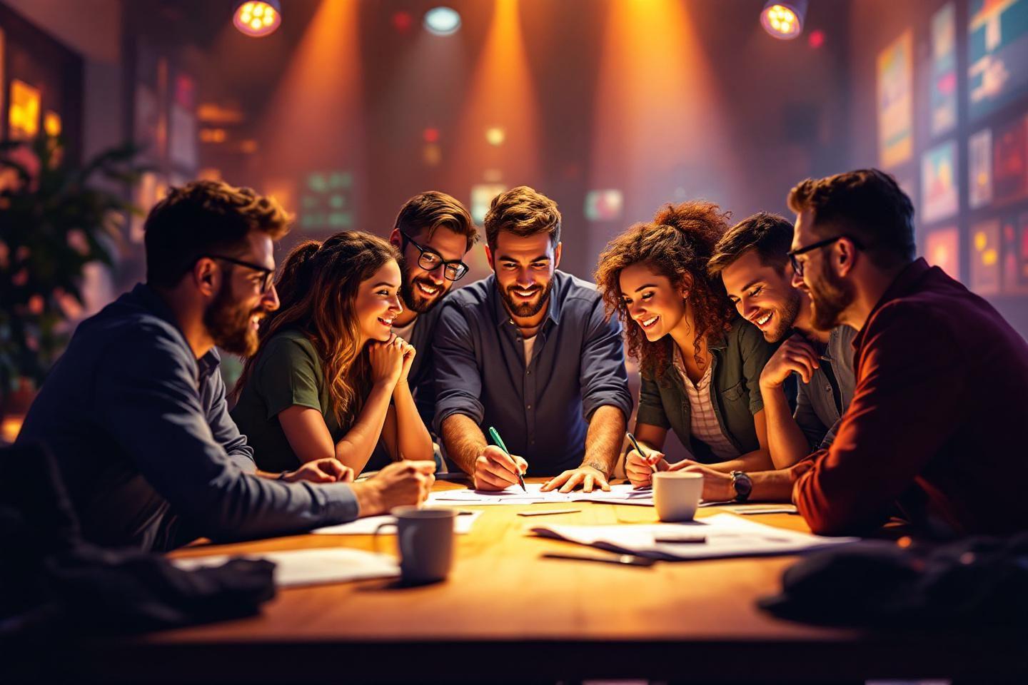 Groupe collaboratif autour d'une table dans une ambiance chaleureuse